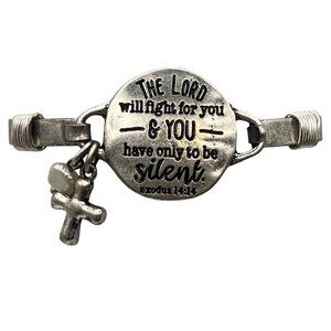 Christian Scripture Bracelet Bangle Exodus 14:14 Silver Tone Cross Pearl 6.75"